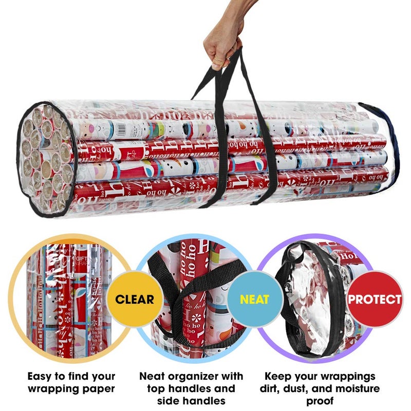 ProPik Christmas Gift Wrapping Paper Storage Organizer Bag  Store Up to 24 Rolls 40 Inch  Heavy Duty PVC Clear Bag with Handles and Zippered Top Wrap and Ribbons (Black) - Image 3